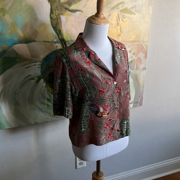 Carole Little vintage 90s silk safari toucan leaf print top small - Picture 10 of 16